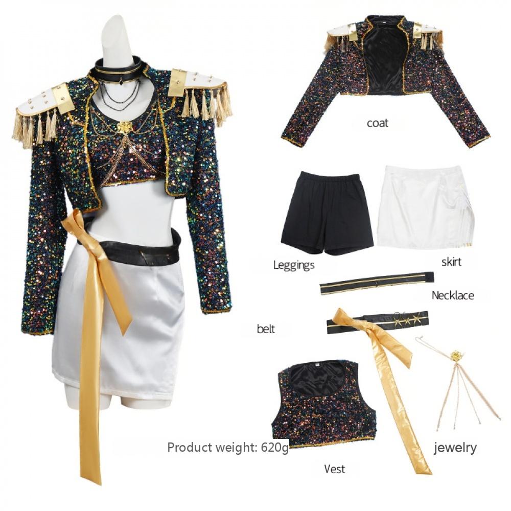 Huntress Squad K-POP Star Cosplay Costume, Zoe Black Shiny Stage Outfit, Girl Group Performance Costume Set